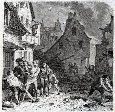 リールのシェービングディッシュ。フランス革命戦争中の1792年のリール包囲戦でのエピソード - Le siege de Lille en octobre 1792 - Revolution francaise - Bombardement by Austrians and Prussians - Barber uses half a bomb as a beard dish - engraving 作： Unknown artist