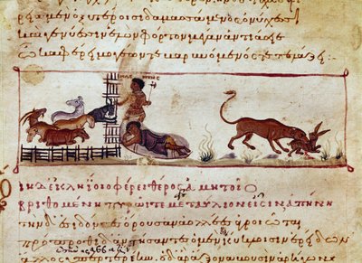 シリアのオッピアン(OppianまたはOppianus)がカラカラに捧げた『シネゲティクス』(紀元3世紀)の狩猟用乳搾りから取り出したミニチュア獣によって、右のウサギが貪り食われている様子。11世紀のヴェネツィア。マルシアーナ図書館 作： Unknown artist