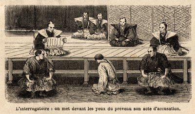 司法の段階：尋問、裁判官の前に立つ被告人への起訴状の読み上げ、膝、看守が持つロープで首を押さえている。1863年から1864年にかけて、スイス公使のアイム・アンベールが日本への航海を説明するために描いた版画 作： Unknown artist