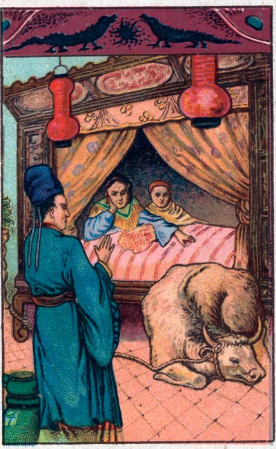 恐ろしいイノシシ。中国の物語。19世紀末のクロモリトグラフ。 作： Unknown artist