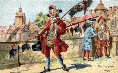 1750年のウィッグ商人の商売。 作： Unknown artist