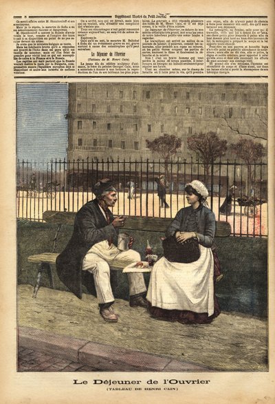 労働者の昼食」、画家・劇作家のアンリ・カイン（1859-1930）の絵の複製。1891年4月18日付「Le petit journal」に掲載されたエングレーヴィング。セルバのコレクション。 作： Unknown artist