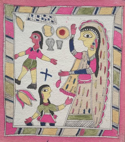 3 つの図: ボールで遊ぶ 2 人の子供を持つ女性 作： Unknown artist