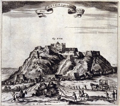 チベット。ラサのポタラ（ダライ・ラマの宮殿）の眺め。アタナシウス・キルヒャー（1601〜1680）の "De China Monumenta "は、イエズス会、東洋学者、ドイツ人学者で、アムステルダムで1667年に出版されました。 作： Unknown artist