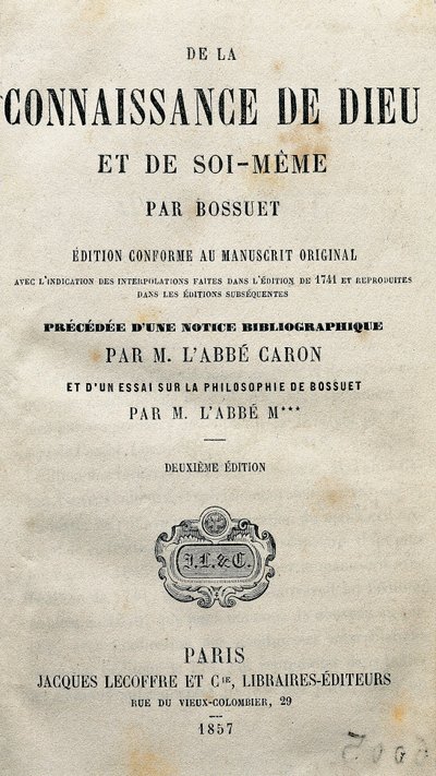 フランスの神学者・司教Jacques-Benigne (Jacques Benigne) Bossuet (1627-1704)による『神と自己そのものの知識』のタイトルページ。1857. 作： Unknown artist