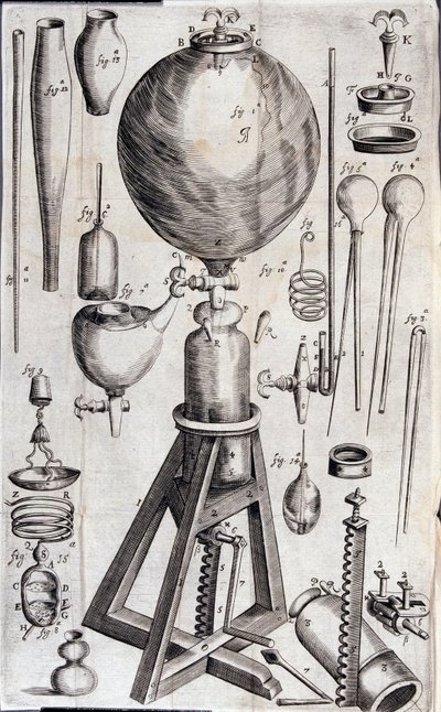 科学実験のための道具 - ロバート・ボイルの「Nova experimenta physico-mechanica de vi aeris elastica, et ejudem effectibus, facta maximam partem in nova machina pneumatica」の中で。 作： Unknown artist