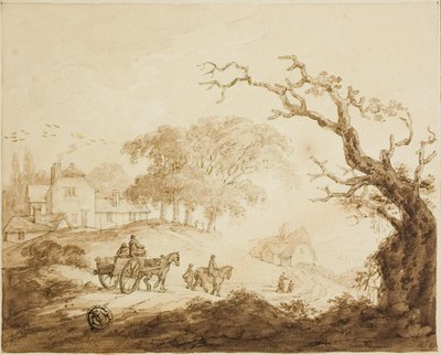 家々を通り過ぎる道路で馬と荷車を持った旅行者 作： Unknown artist