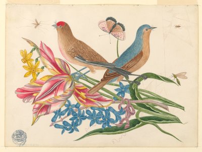 昆虫とチューリップの枝に 2 羽の鳥 作： Unknown artist
