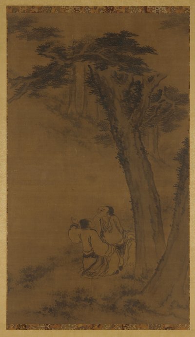 木々の下の丘の中腹にある 2 人の人物 作： Unknown artist
