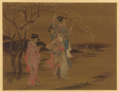 桜の木の下で二人の少女と男 作： Unknown artist