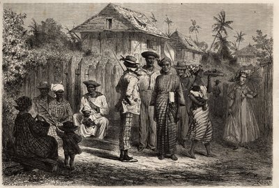 カイエンヌ（仏領ギアナ）の先住民の種類で、女性はマドラスのサップリング（結び目のある服）を着て、カラフルなターバンをかぶり、男性は西洋の衣装を取り入れている。1862-1863年のフランス領ギアナでの航海を説明するためのエングレーヴィング、フレデリック・ブイエ作、約20年 作： Unknown artist