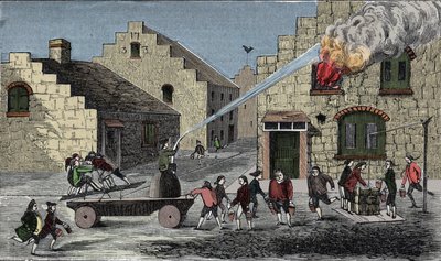 火災を消火するための消火ポンプの使用。1733年の刻印。 作： Unknown artist