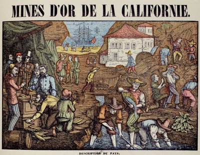 カリフォルニアの金鉱での様々な活動： pepitesの探索、計量、購入、商品の放置。19世紀のエングレービング。パリ、装飾美術 作： Unknown artist