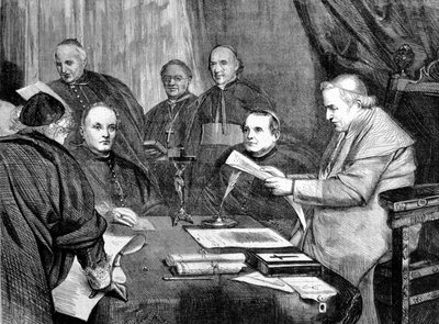 バチカン公会議 I. 教皇ピオ9世が公会議の理事会メンバーに囲まれる。1869 作： Unknown artist