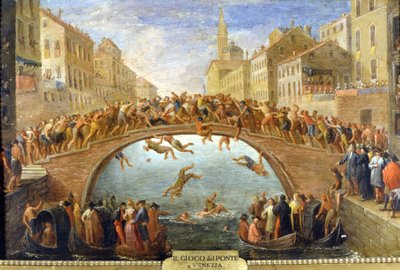 ベニス、橋のゲーム。匿名の絵画。18世紀の作品。プライベート・カラー。 作： Unknown artist