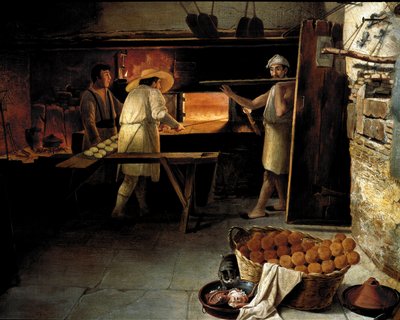 パン屋の内部からの眺め パン屋がオーブンでパンを焼いている様子。18世紀の匿名の絵画。ローマ、フォルクローレ博物館 作： Unknown artist