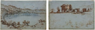 ネミ湖の眺め (右) ローマ時代の遺跡の小グループ (裏面) 作： Unknown artist