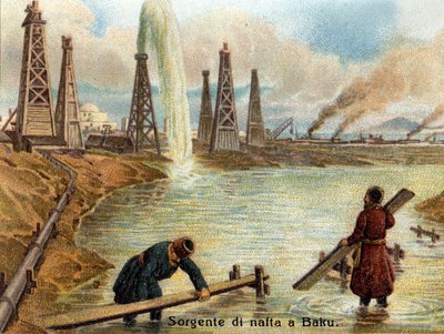 アゼルバイジャン、バクーの油井の眺め。1890年頃のクロモリトグラフ。 作： Unknown artist