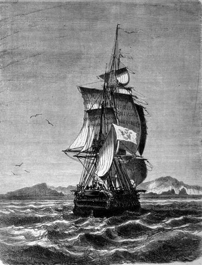 1857年、インド洋のセント・ポール島の前に立つオーストリアのフリゲート艦「ノバラ」の眺め。19世紀のエングレーヴィング 作： Unknown artist