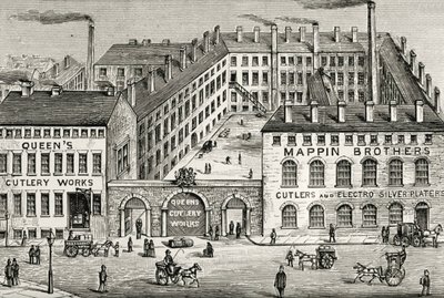ロンドンのマッピン・ブラザーズ・カトラリー工場。1891年の広告の詳細。エングレーヴィング。 作： Unknown artist