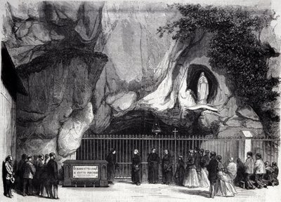1858年にベルナデット・スービロウス（1844-1879）に聖母が現れたピレネー山脈の高地にあるルルドの洞窟（現在の巡礼地）の眺め。19世紀のエングレーヴィング 作： Unknown artist