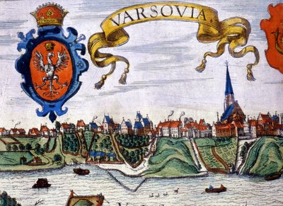 ワルシャワ市の紋章が描かれた街の風景。1780. 作： Unknown artist