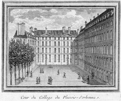 1323年にGeoffroy du Plessis Balissonによって設立され、1848年と1849年にENAによって使用されたプレシ・ソルボンヌ（パリ）の大学の中庭の様子。カルナヴァレ美術館に保存されているエングレーヴィング。 作： Unknown artist