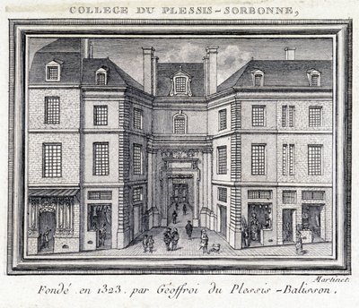 1323年にGeoffroy of Plessis Balissonによって設立され、1848年から1849年までENAによって使用されたプレシ・ソルボンヌ大学（パリ）の外観ファサードの図。パリのカルナヴァレ美術館に保存されているエングレーヴィング。 作： Unknown artist