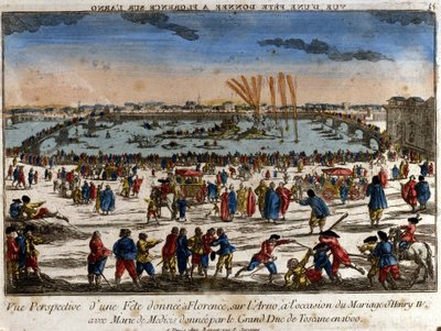 1600年、ヘンリー4世とメディチ家のマリアの結婚式の際に、トスカーナ大公がフィレンツェのアルノ川沿いで行った祝宴の様子。エングレーヴィング。 作： Unknown artist