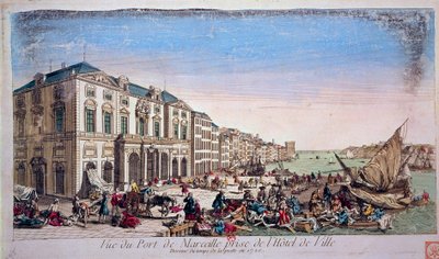 1720年のペスト流行時に市庁舎から見たマルセイユの港の風景 1720年のエングレーヴィング、パリ、B.N. 作： Unknown artist