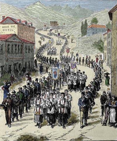 1858年にベルナデット・スービロウス（1844-1879）に聖母が現れたピレネー山脈の高地にあるルルドの洞窟（現在の巡礼地）に向かう駅からの行列の様子。19世紀のエングレーヴィング 作： Unknown artist