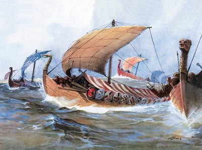 ノルマンディーに向けて航行中のバイキング船、水彩画 作： Unknown artist