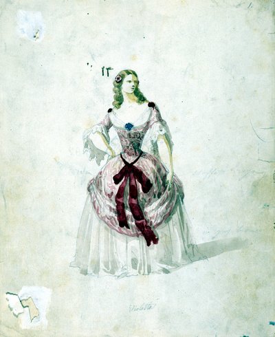 1855年にスカラ座で行われたジュゼッペ・ヴェルディのオペラ「椿姫」のヴィオレッタの衣装。 作： Unknown artist
