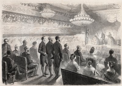 プロイセンのウィリアム1世(1797-1888)のコンピエーニュ訪問：ナポレオン3世(1808-1873)出席のもとでの宮殿劇場でのガラショー - Engraving In "The Illustrous World" 作： Unknown artist