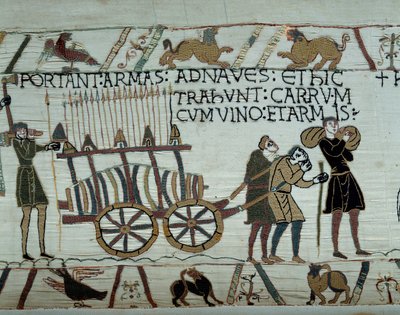 1066年、征服王ウィリアム（1027-1087）の艦隊がイングランドを征服するための燃料補給で、武器やワインが船に運ばれてくる バイユーのタペストリーまたはマチルド王妃の刺繍の詳細 作： Unknown artist