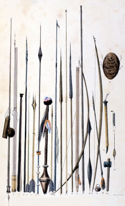 ジバロス・インディアンの武器。1846-48年のエングレーヴィング。 作： Unknown artist