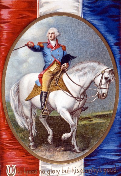 国のためになること以外に栄光を知らなかった。ジョージ・ワシントン（1732-1799）がフランス国旗の後ろのメダリオンに乗っている。 作： Unknown artist