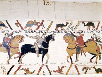 征服王ウィリアム1世（1027 - 1087）は、イングランド王ハロルド2世（1022 - 1066）を解放した後、ハロルド2世と対面しました。マチルド王妃の刺繍」として知られるバイユーのタペストリー 作： Unknown artist