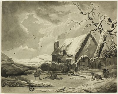 池の近くのコテージの外の人々 との冬景色 作： Unknown artist