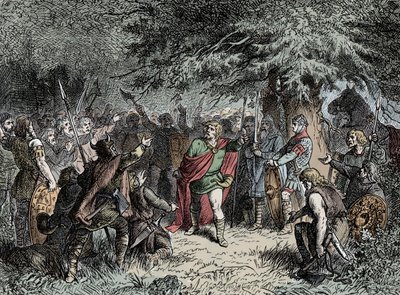 サクソン人に武装を呼びかけるウィトキント - ザクセンのウィトキント（750～810年頃）は、777年にシャルルマーニュが侵攻してきたフランコに対して、サクソン人に武装を呼びかける。 作： Unknown artist
