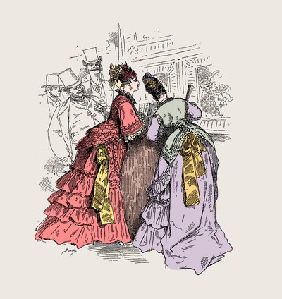 美術館にいる女性。「チャールズ・フレデリック・ワース（1825-1895）が描いたイラストが『現代の喜劇：鉛筆とペンによる習作』に掲載されました。子供、若者、壁 作： Unknown artist