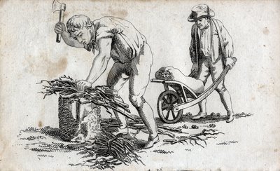薪の束を作る木こりと、手押し車で束を運ぶ男。18世紀のエンドエングレーヴィング。個人蔵。 作： Unknown artist