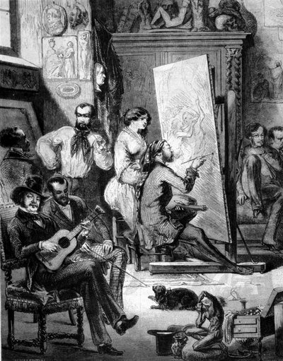 19世紀のある画家のワークショップ。ある者は音楽を奏で、ある者は煙草を吸いながら、画家は絵を描いている。19世紀のエングレーヴィング 作： Unknown artist