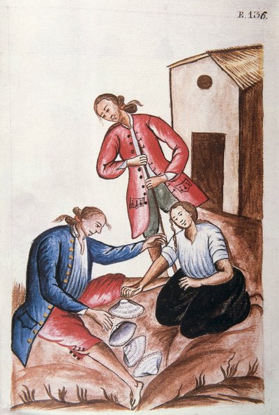 トルヒーヨ司教バルタサル・マルティネス・コンパニオン・イ・ブジャンダ（1782-1785）の著書「トルヒーヨ・デル・ペルー」（Códice Martínez Compañón）から、貝殻遊びをする若いインディアン 作： Unknown artist