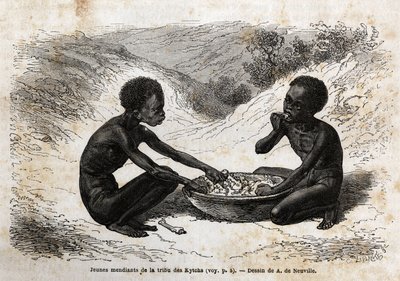 キチ族（上ナイル地方）の若い物乞いたちが、数束の食事と交換している様子。アルバート湖への航海を説明するためのエングレーヴィング 作： Unknown artist
