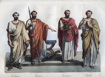 古代ローマの行政官-トリビュヌス（Tribunus）-プラエトル（Preteur）（行政官）-クァエストレス（Quaestors）-アエディレス（Ediles） 「宇宙のすべての民族の用途と習慣」の刻印。または、世界の政府、法律、民兵、王と女王の歴史。 作： Unknown artist