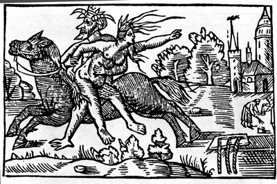 悪魔が魔女を馬から降ろし、地獄へ連れて行く。16世紀のキシログラフィー 作： Unknown artist