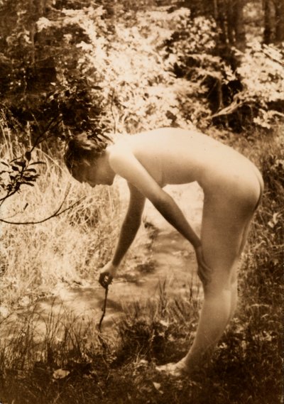 森の中で裸の若い女性が、小川に枝を入れようと身をかがめている横顔。 作： Unknown photographer