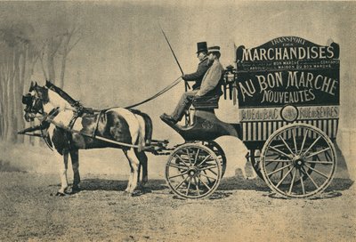 パリのバック通りとセーブル通りにある店「オー・ボン・マルシェ」の配達用馬車。写真、19世紀後半、パリColl.セルバ。 作： Unknown photographer