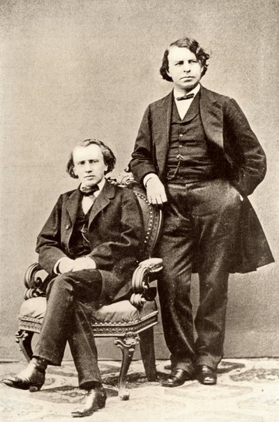 ヨハネス・ブラームス（1833-1897）ドイツの作曲家、着席、ヨーゼフ・ヨアヒム（1831-1907）ハンガリーのヴァイオリニスト、作曲家、ベルリン音楽院院長。写真のハーフトーン（プリント） 作： Unknown photographer